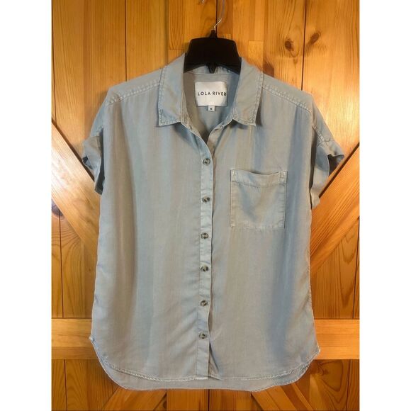 Anthropologie Lola River Light Green Short Sleeve Button Up Shirt Size Medium (5 - Picture 1 of 5